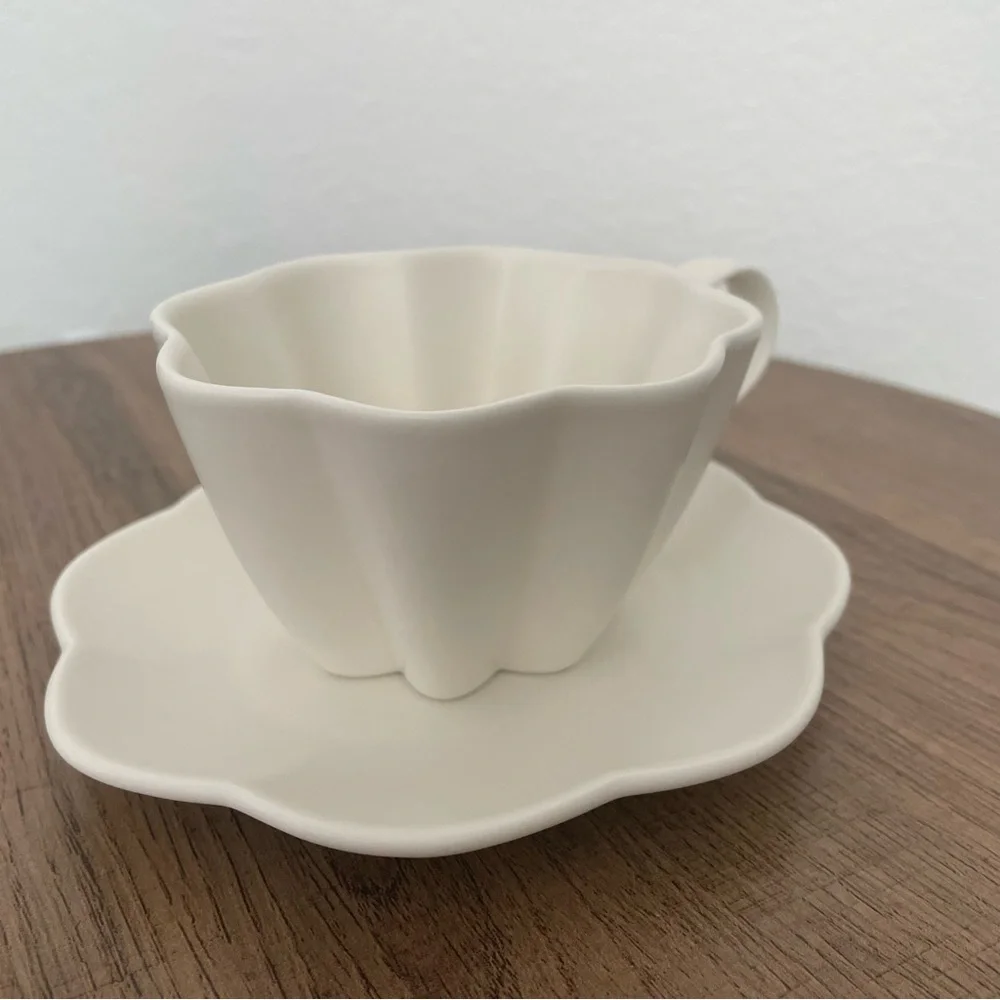 Flower Cup and Saucer Artisanal Porcelain Handmade White Tea Cup